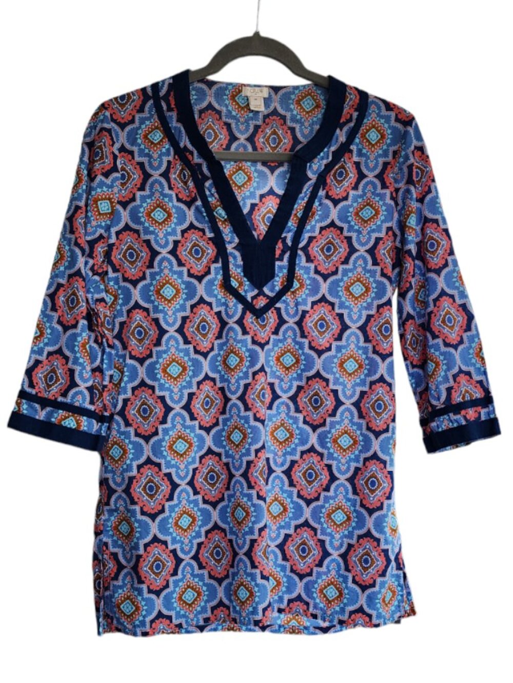 J.Crew XS Cotton Tunic Coverup Blouse Top 3/4 Sleeve Blue Pink Coral